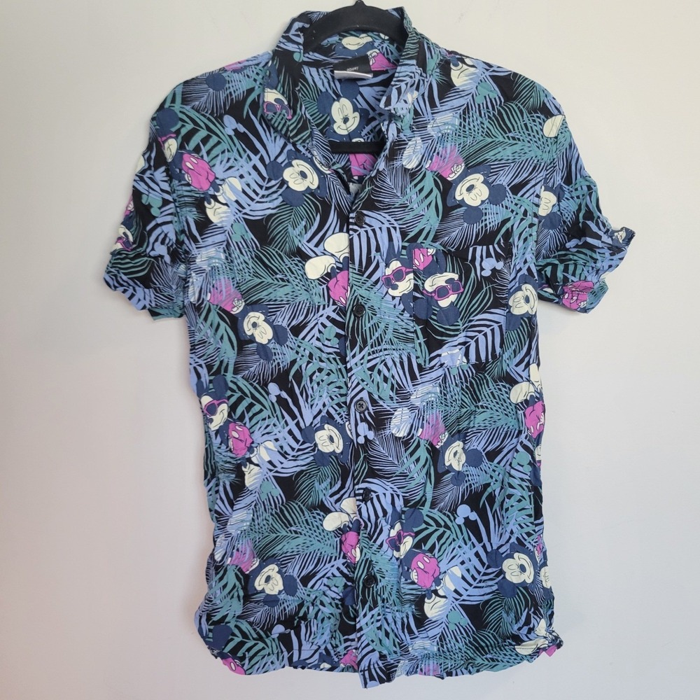 Disney Mickey Mouse Tropical Palm Button Up Shirt Mens Small Blue Hawaiian Shirt
